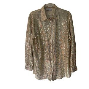 Three Flaggs Vintage Womens Shirt Size Medium Gold Metallic Glitter Long Sleeve